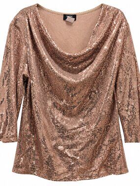 MSK Women 2X Rose Gold Sequin Cowl Neck 3/4 Sleeve Party Cocktail Blouse Top
